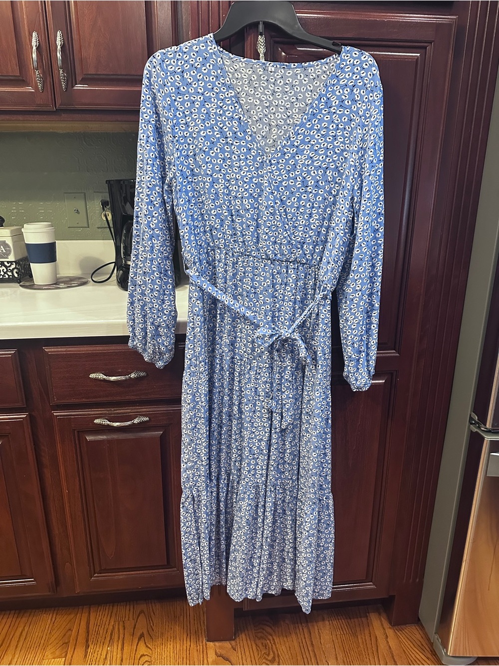 Blue Floral Tie-Waist Midi Dress - Classic Women's Dress - Medium